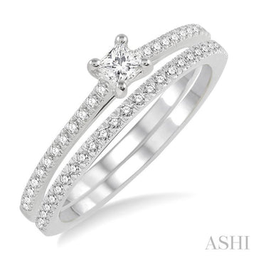 3/8 ctw Diamond Wedding Set with 1/3 ctw Princess Cut Engagement Ring and 1/10 ctw Wedding Band in 14K White Gold